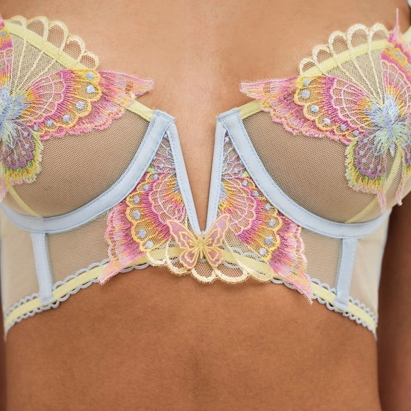 NWT For Love & Lemons 34D Embroidery Papillon Longline Bra Pastel Appliqué - Picture 2 of 5